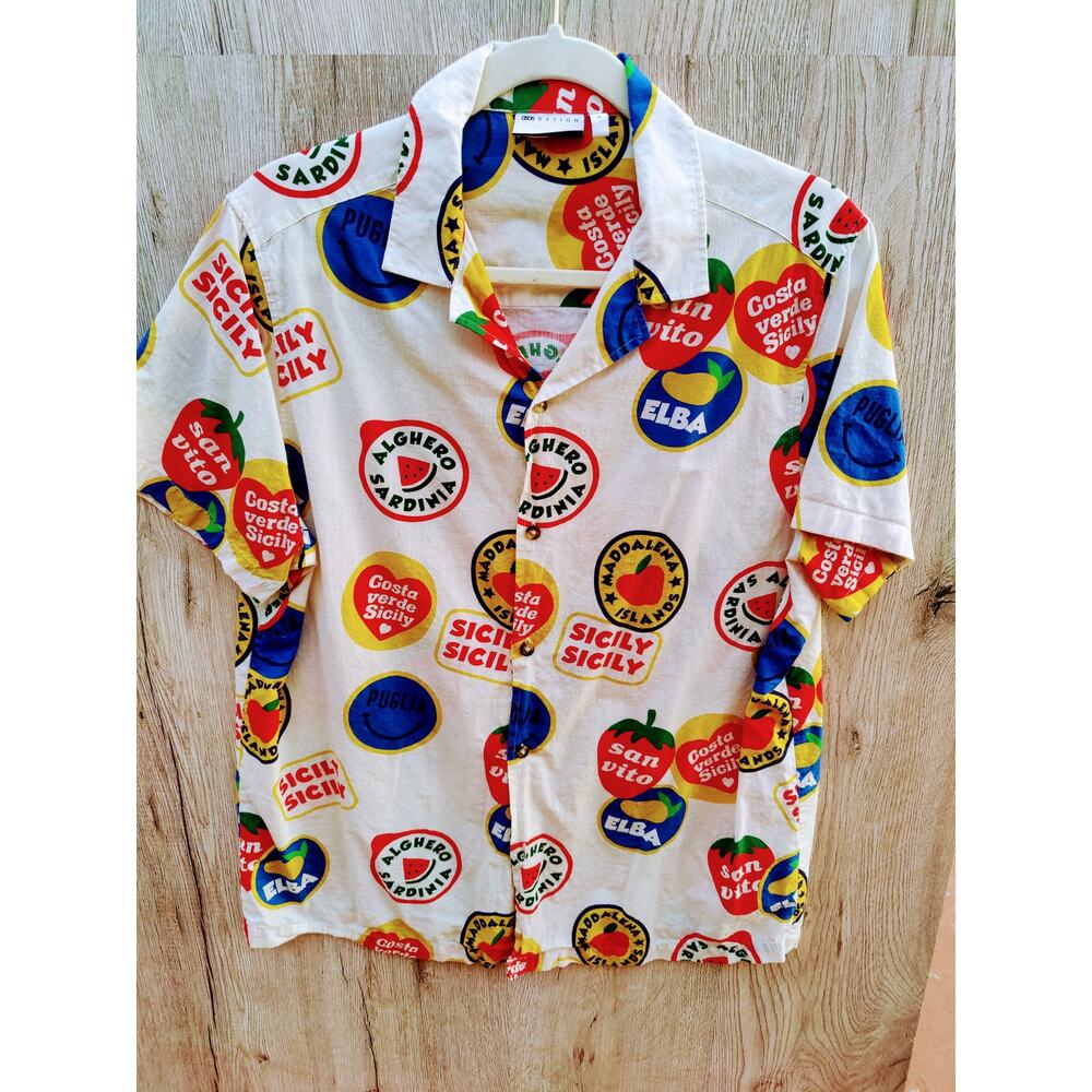 ASOS DESIGN Italy Travel Revere Collar Shirt  Sicily Puglia Beachy Dopamine SZ S